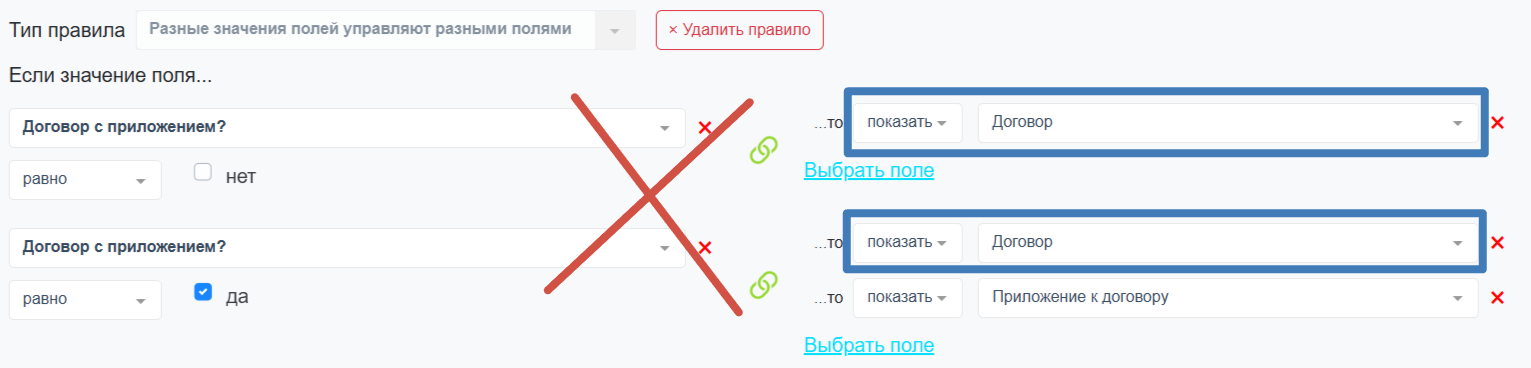 Тип А: разные значения управляют разными полями